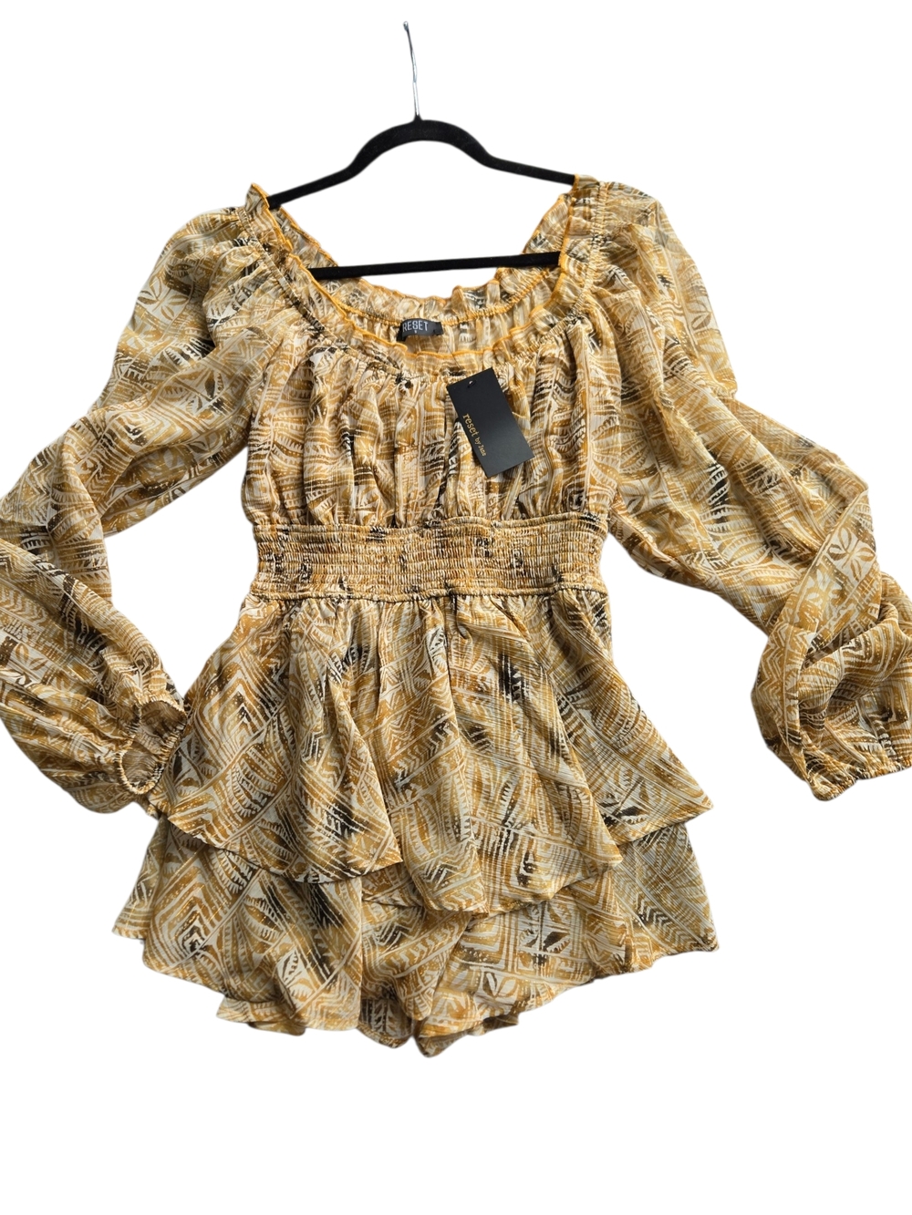 RESET Boho Off Shoulder Romper Sheer Sleeve Smocked Gold Flowy NWT S